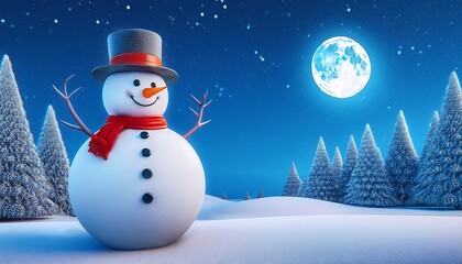 Obraz premium A cheerful snowman stands near a decorated Christmas tree during a snowy night under a bright full moon. Generative AI