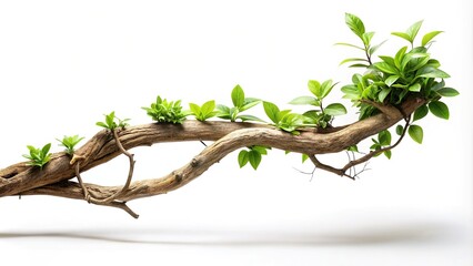 Long shot of realistic twisted jungle branch with plant growing isolated on white background