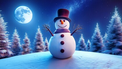 Obraz premium A cheerful snowman stands near a decorated Christmas tree during a snowy night under a bright full moon. Generative AI