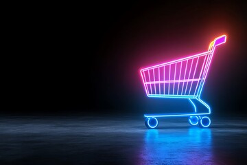 Neon shopping cart light glowing on dark background, creative illumination concept.