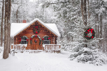 A cozy log cabin decorated for Christmas in a snowy forest during winter