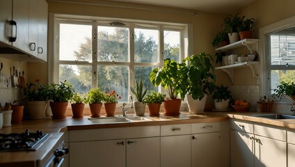 Bright kitchen scene with plants and sunlight through the window.