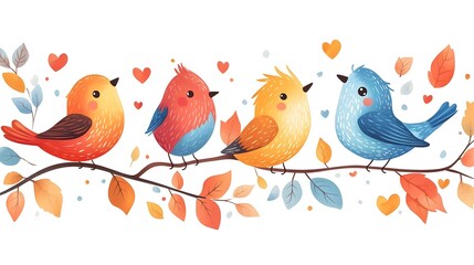 Cute and quirky cartoon birds with hearts and leaves, scattered across a white canvas, fun and energetic design