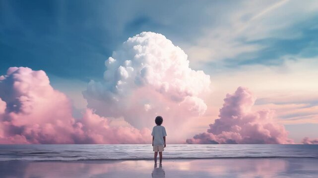 Teen boy standing at the seashore looking at pink clouds sunset and beautiful nature. AI generated video. calm sea and silence. Time to think and feel