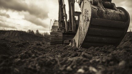 Ground-moving equipment in action, as an excavator digs into the soil at a construction site, showcasing the power