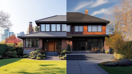 Fototapeta premium A split image of two distinct house designs showcasing contrasting architectural styles.