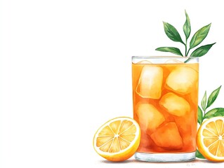 Fototapeta premium Refreshing iced tea with lemon slices and mint leaves on a white background.