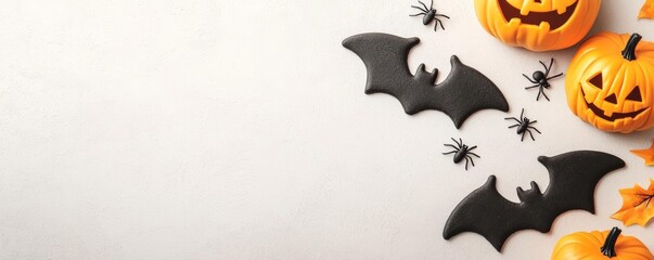 A flat-lay composition with bat cookie cutters, Halloween decoration pieces, and spider-themed costumes with ample copy space for text