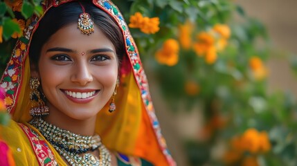 Fototapeta premium Indian woman from a rural village in vibrant attire smiles brightly, her colorful clothes and jewelry capturing the essence