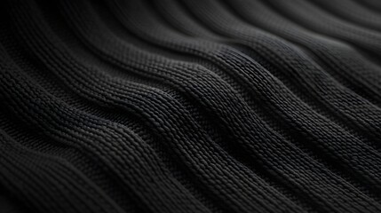 Fototapeta premium Detailed view of black knit fabric, highlighting its smooth texture and interwoven fibers, the light creating soft highlights and shadows