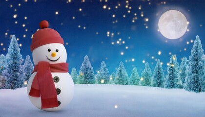 Fototapeta premium A cheerful snowman stands near a decorated Christmas tree during a snowy night under a bright full moon. Generative AI
