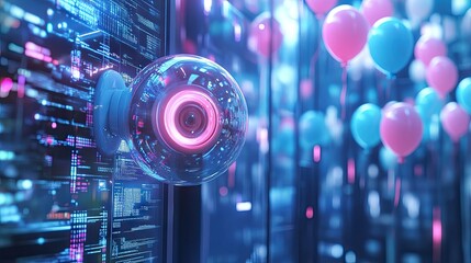 Innovative CCTV camera design made from balloons, set against a digital futuristic interface,