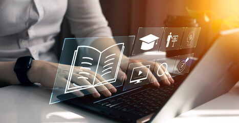 E-learning education, internet lessons and online webinar. Person who attends online lessons on a digital screen.Education internet Technology.	
