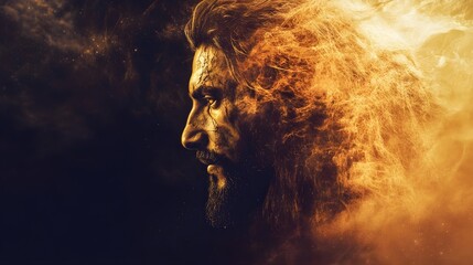 Double exposure of Jesus and a lion, their forms blending gracefully, with golden light radiating through, symbolizing the balance of divinity and power