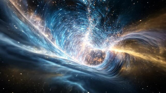 A swirling vortex of light and energy in deep space, resembling a wormhole or cosmic singularity
