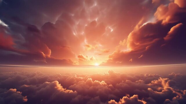 video Flight through pink sunset clouds. Pilot's point of view. AI generated video 