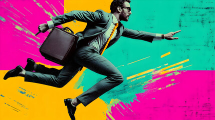 Businessman Running with Suitcase and Tie in Colorful Background