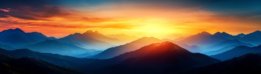 Fototapeta premium Stunning panoramic view of majestic mountains at sunset, with vibrant colors illuminating the sky.