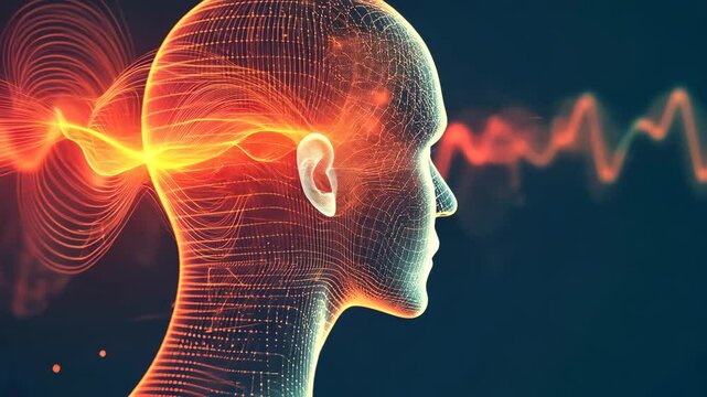 A digital representation of a human head, with glowing, red, and yellow lines radiating out from its ear