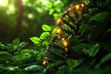 DNA strand in lush forest. A glowing DNA strand emerges from the green foliage, signifying the connection between life and genetics.