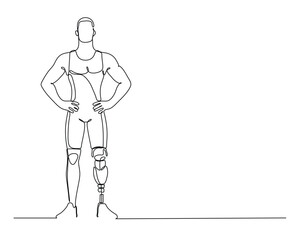 Single line drawing of a confident athlete standing with prosthetic leg, symbolizing determination and overcoming adversity.