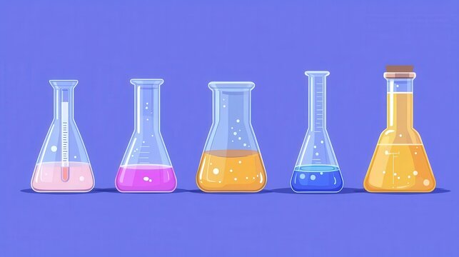 A colorful collection of laboratory flasks filled with liquids, showcasing various shapes and vibrant colors against a purple background.