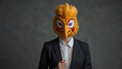 Businesswoman in a chicken mask adjusting her feathers on a gray background.