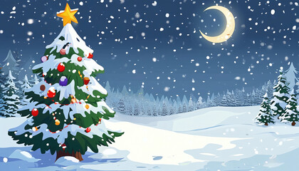 A beautifully decorated Christmas tree sits under a bright moon in a snowy landscape on a clear winter night.Generative AI