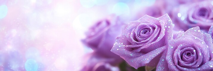 Close-up of purple roses covered in glitter, the background is blue and pink with glowing lights, creating a dreamy scene.