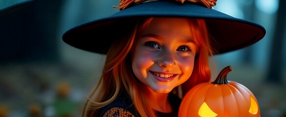 Fototapeta premium Banner Porter little smiling red-haired witch with glowing jack-o'-lantern on spooky Halloween night