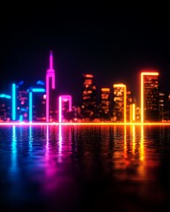 Vibrant city skyline at night with colorful neon lights reflecting in the water.