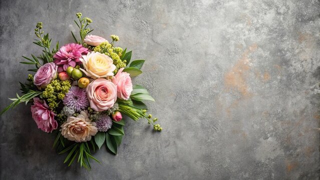 Low angle flower arrangement over grey textured background