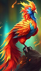 Naklejka premium A vibrantly colored, stylized bird with fiery plumage perched on a branch, rendered in a digital art style.