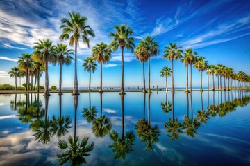 Fototapeta premium Low angle shot of palm trees reflected against blue sky