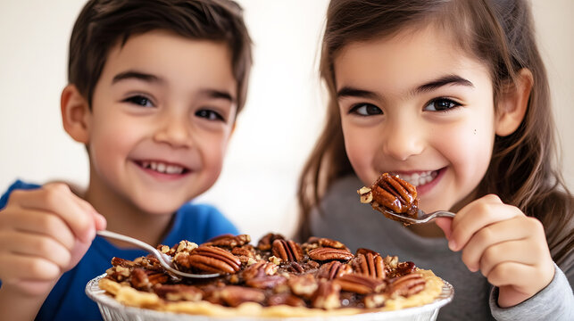 Two smiling children enthusiastically enjoy a pecan pie, highlighting the joy of sharing desserts together. 
