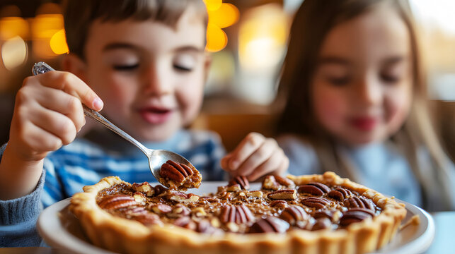 Two little children savor a slice of pecan pie with spoons, creating a cozy and happy atmosphere. The background adds warmth and emphasizes the joy of family moments during Thanksgiving.