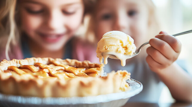 Two children share a delicious slice of apple pie topped with melted ice cream. The image captures the warmth and happiness of enjoying desserts together, perfect for a festive dinner.