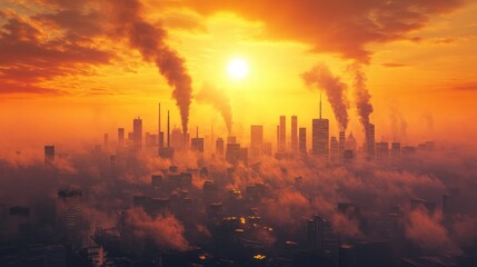 Fototapeta premium Urban Skyline at Dusk with Pollution and Smog Effects