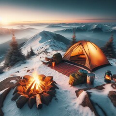  A glowing tent and campfire atop a snow-covered mountain
