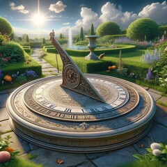 beautifully crafted sundial stands in a vibrant garden under clear skies