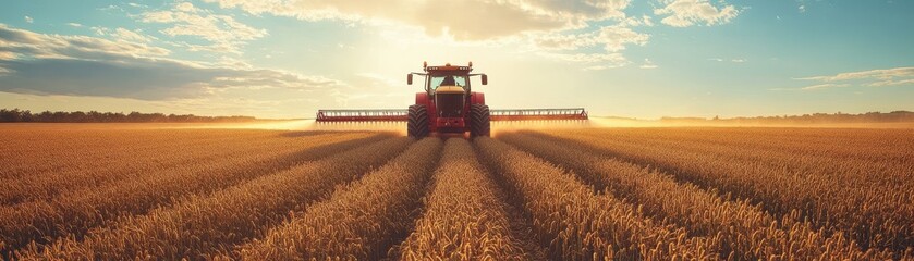 Fototapeta premium Modern Agricultural Tractor Harvesting Wheat in a Golden Field at Sunset with Dramatic Sky
