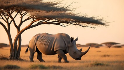 Fototapeta premium This captivating image showcases a solitary rhinoceros grazing near a picturesque backdrop of distant acacia trees. The majestic rhino stands tall.