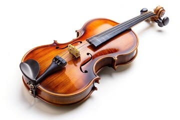 Fototapeta premium Elegant classical violin made of fine craftsmanship showcasing detailed wood grain on a white background at eye level, instrument, excellence, fine craftsmanship, white background