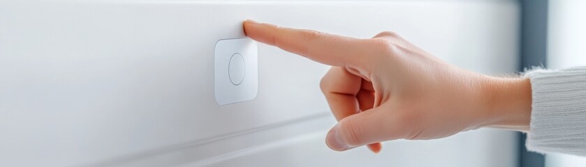 A close-up of a hand pressing a modern white smart home button on a wall, showcasing convenience and technology.