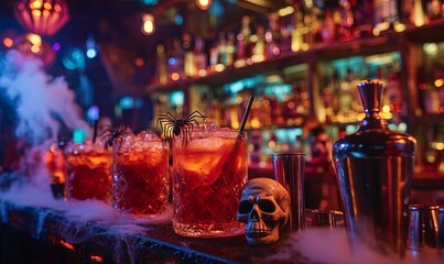 A spooky Halloween bar setup, where a range of creatively themed drinks is displayed on the counter