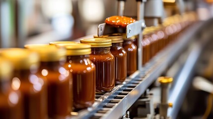 A close-up of a conveyor belt filled with jars of sauces being labeled and prepared for shipment in a busy food manufacturing facility. The image showcases the meticulous nature of food production.
