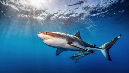Fototapeta premium Great white shark who looks like Bruce from Finding Nemo movie in the blue Pacific Ocean 