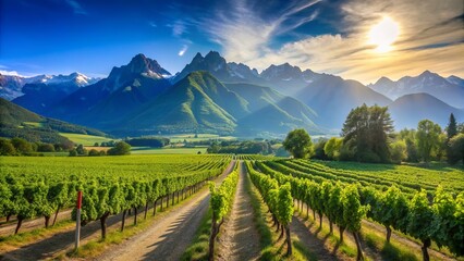 Fototapeta premium Beneath a clear blue sky, lush vineyards flourish, framed by majestic mountains, crafting an idyllic landscape that