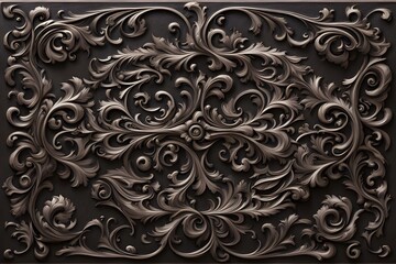 Victorian style ornate scrollwork engraved on a dark brushed iron plate, Ai Generated
