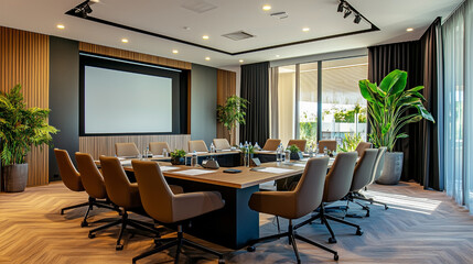 Fototapeta premium A large conference room with a projector screen and a large table